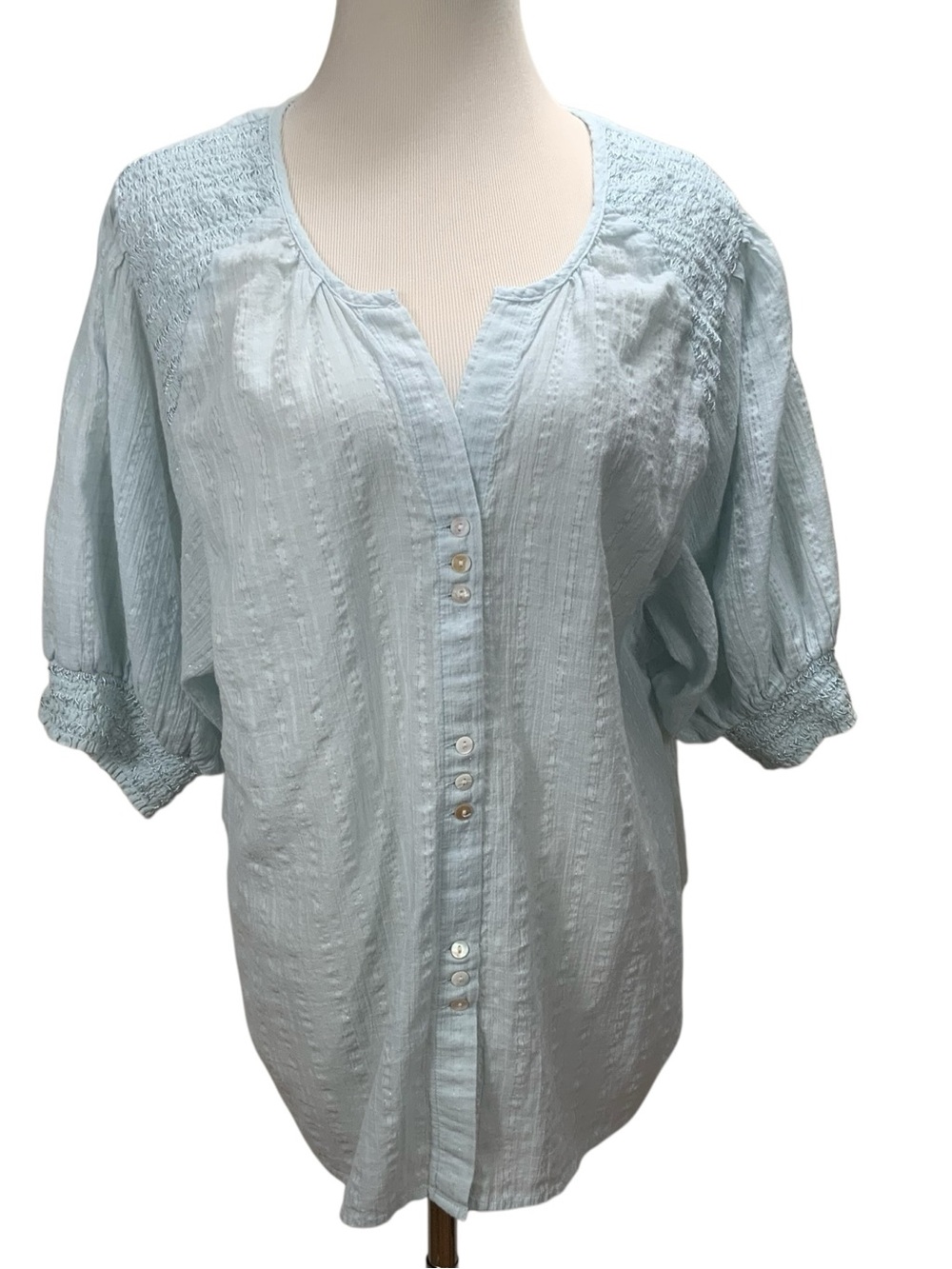 Sundance Peasant Top Size L Blue Cotton Boho Gathered Smocked Tunic Long